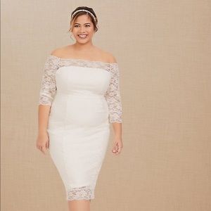 torrid Off-Shoulder White Lace Sheath Dress